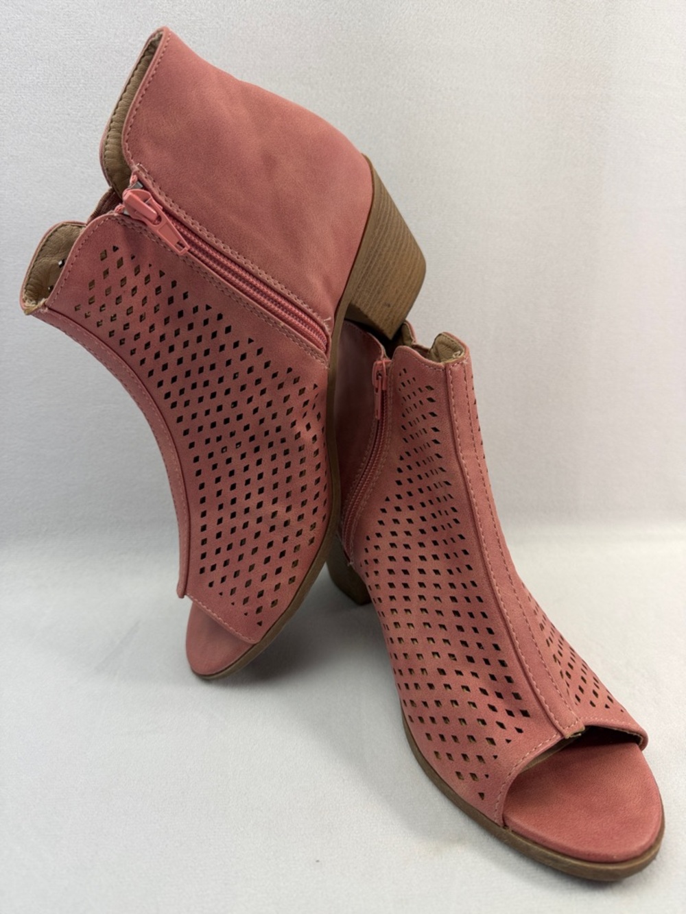 Open Toe Tagloni Laser Cut Bootie Pink Perforated Ankle Side Zipper Heel Shoe